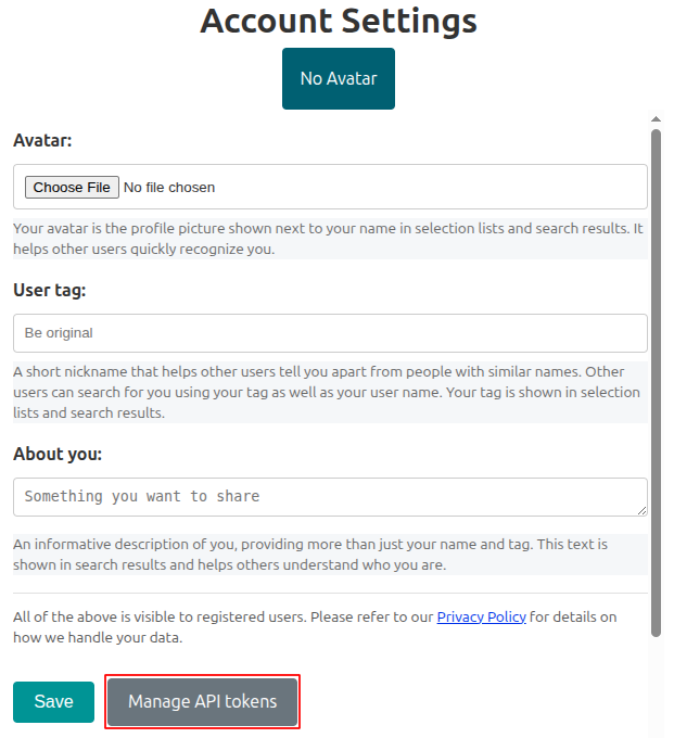 Account Settings page with the avatar, user tag and description fields. Below the Save button sits the Manage API tokens button, highlighted with a red rectangle.