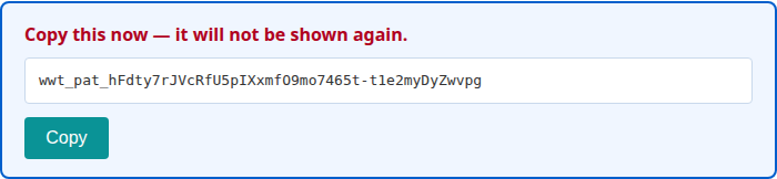 Highlighted box with the warning 'Copy this now — it will not be shown again.', the plaintext token value starting with wwt_pat_, and a Copy button.