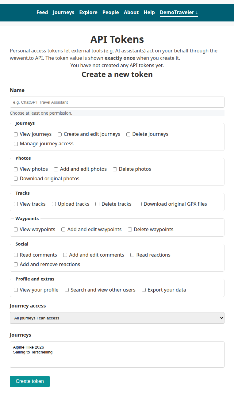 The API Tokens page of a new user: an empty-state message reading 'You have not created any API tokens yet.' followed by the Create a new token form with a name field, permission checkboxes grouped by area, and a journey-access dropdown.